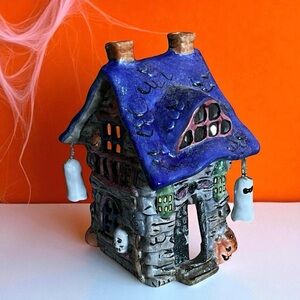 Vintage  RUSS Ceramic Halloween Glitter Haunted House Tea Light Candle Holder
